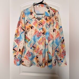 Vintage Artsy Print Button Down Shirt L Zeagoo Menton Côte d’Azur